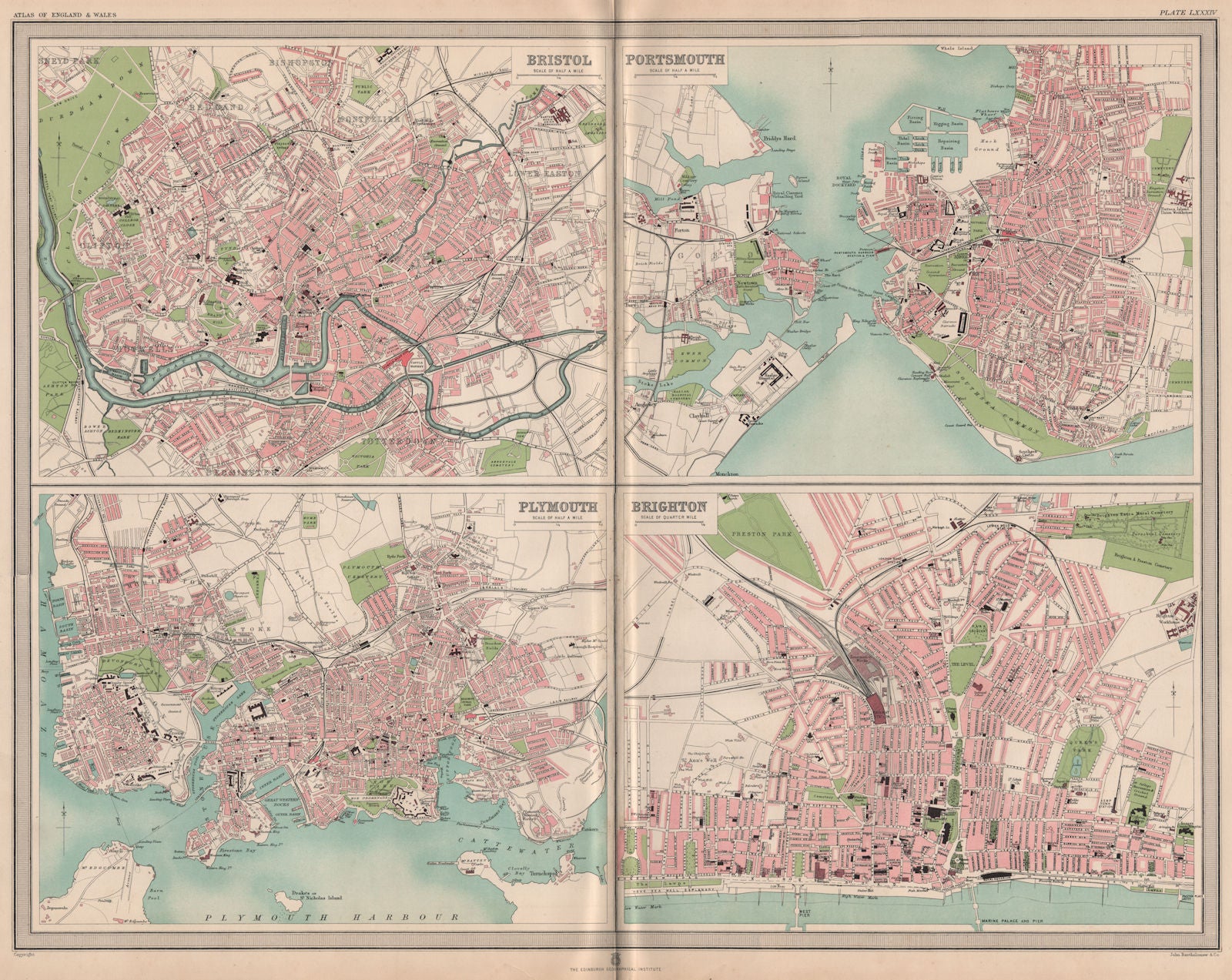 S. ENGLISH CITIES plans. Bristol Portsmouth Plymouth Brighton. LARGE 1903 map